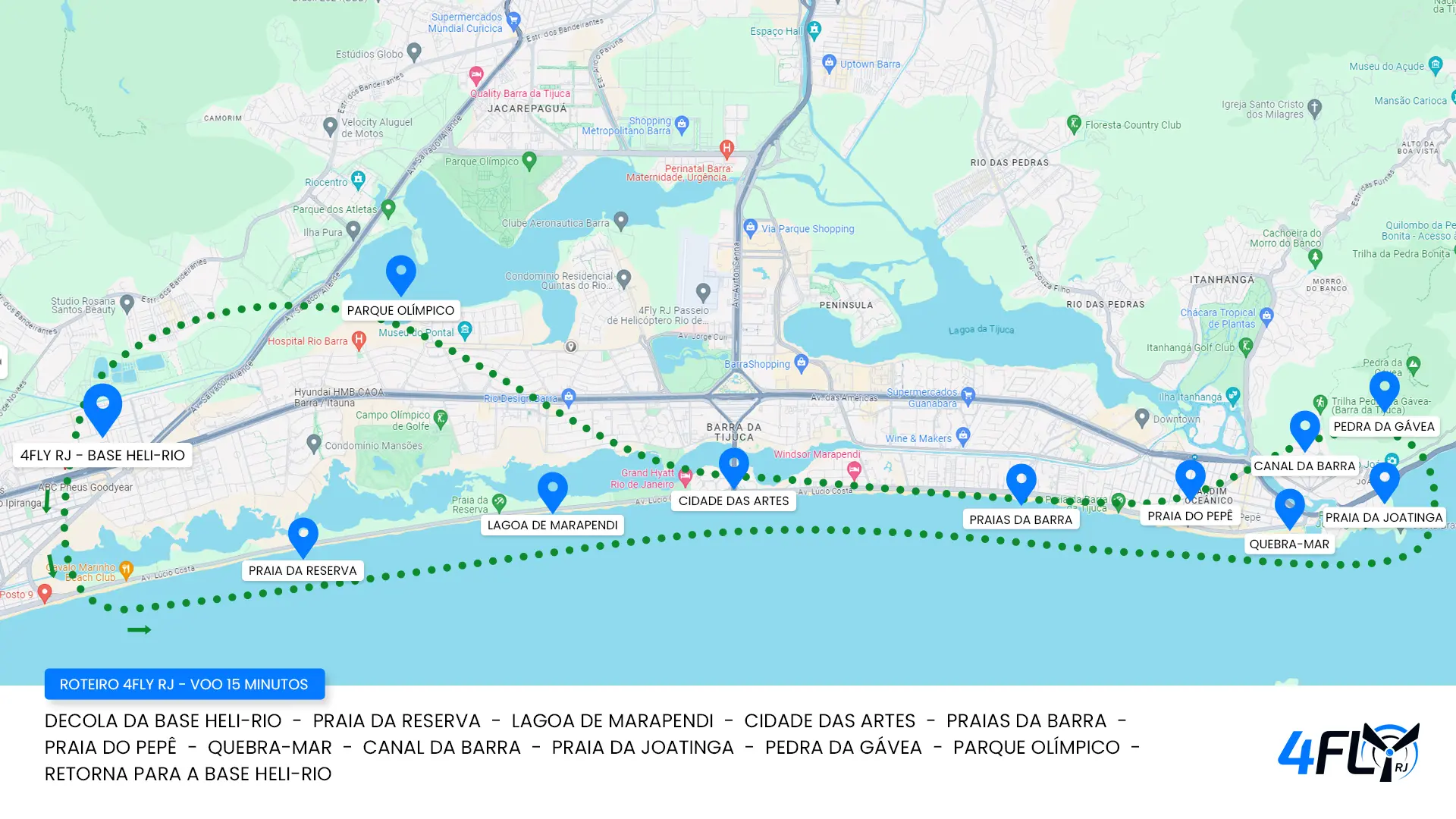 Mapa do roteiro do passeio de helicóptero no Rio de Janeiro 15 minutos - 4Fly RJ