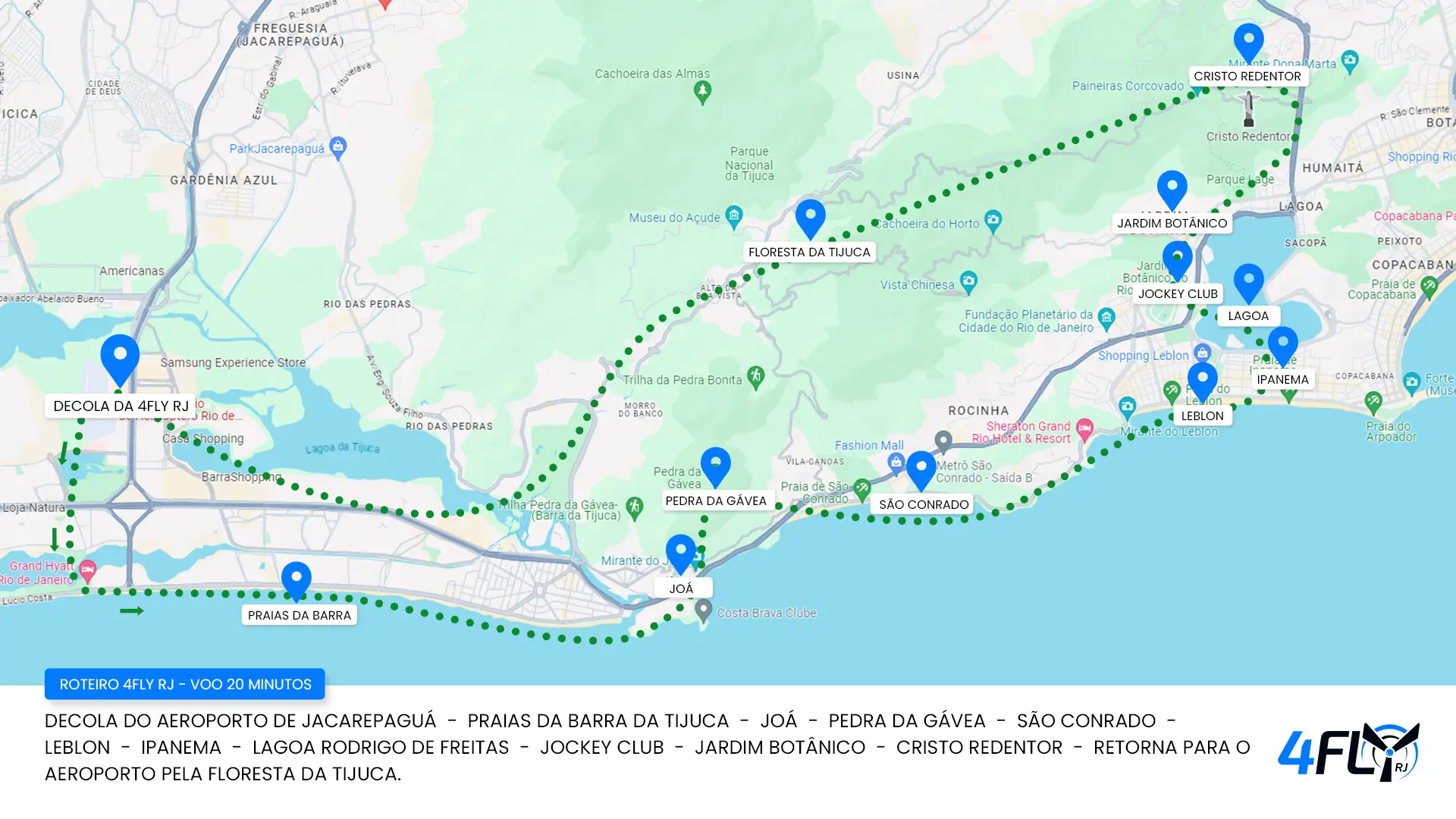 Mapa do roteiro do passeio de helicóptero no Rio de Janeiro 20 minutos - 4Fly RJ