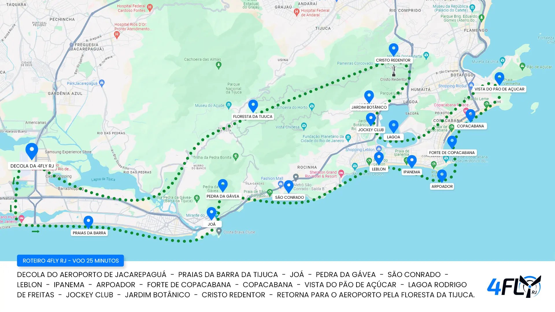 Mapa do roteiro do passeio de helicóptero no Rio de Janeiro 25 minutos - 4Fly RJ
